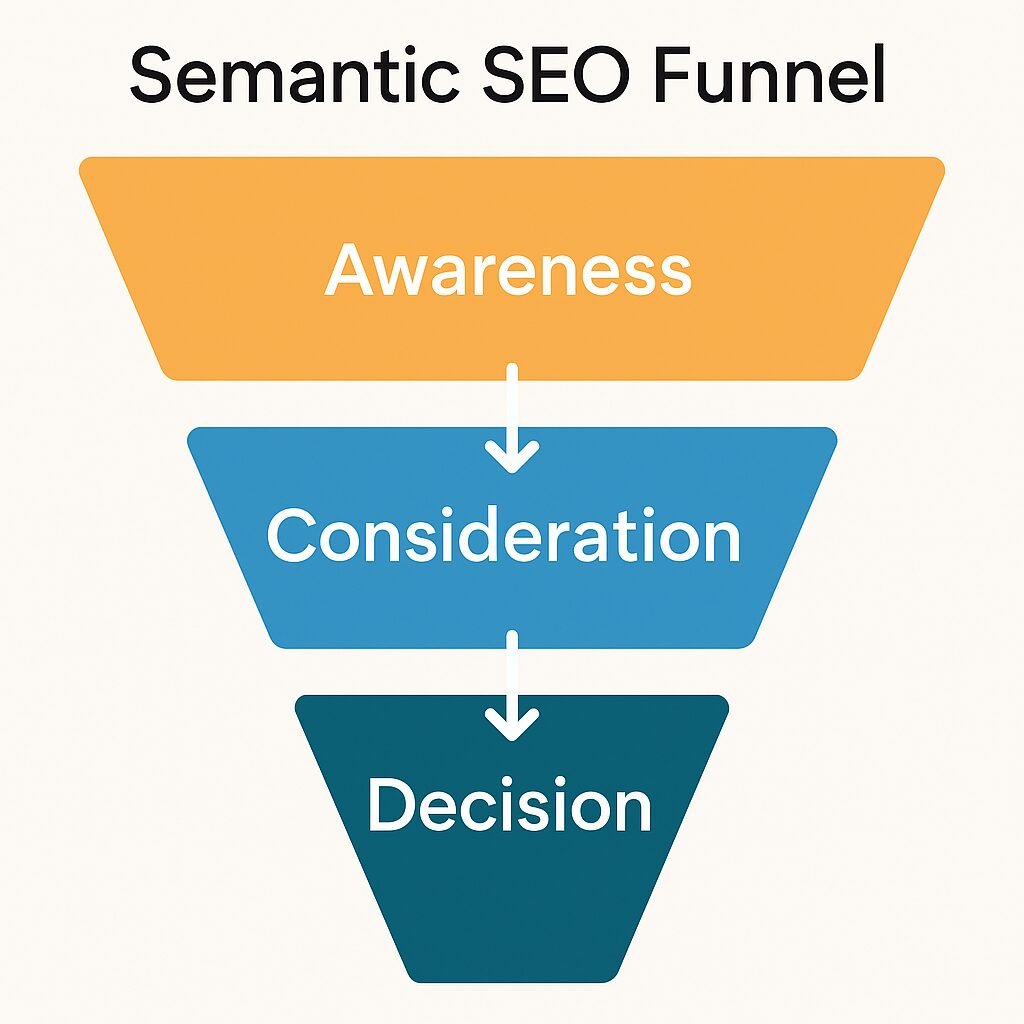 A funnel diagram illustrating how semantic SEO content moves users from awareness to decision