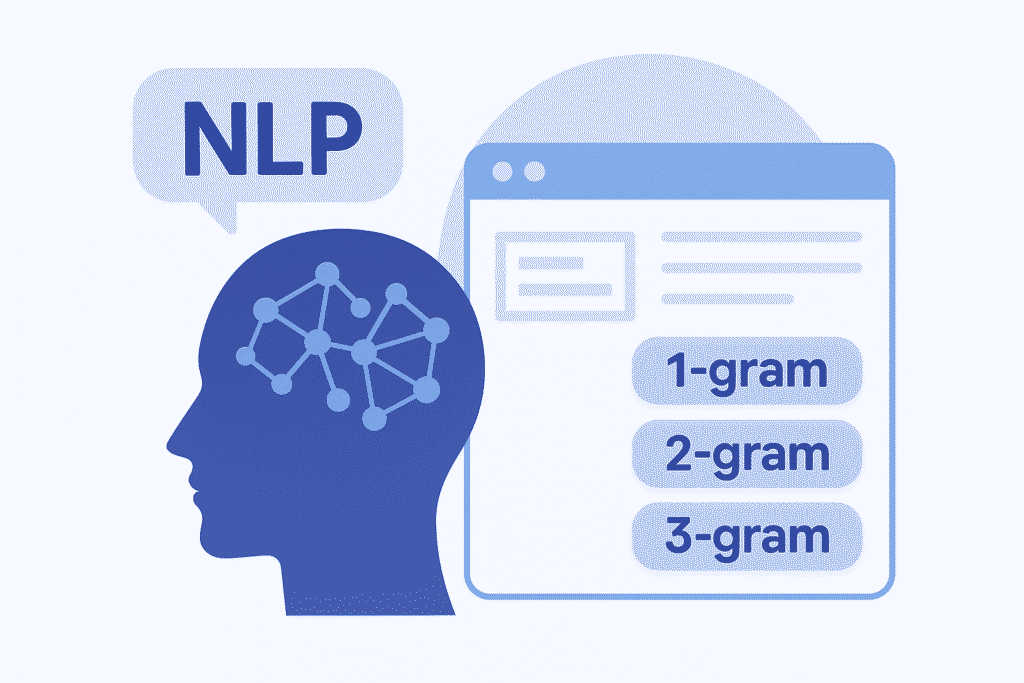 Visual representation of NLP and N-gram analysis used in Semantic SEO content processing.