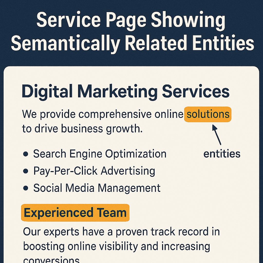 Annotated screenshot of a service page showing semantically related entities highlighted in copy.