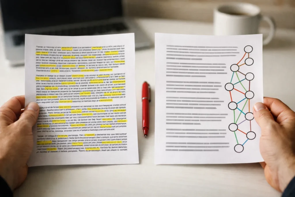 Side by side comparison of keyword-highlighted content versus entity-structured content with relationship diagrams