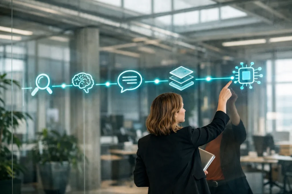 Content strategist pointing at Google algorithm evolution timeline from Hummingbird through BERT through MUM to AI Overviews