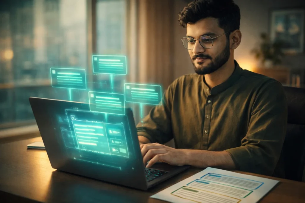 Professional reviewing AI citation extraction from self-contained semantic content passages on laptop screen