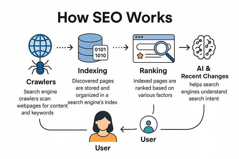 Diagram showing pillar page connected to multiple cluster pages with internal links and upward growth arrows representing compounding organic visibility and AI citation signals