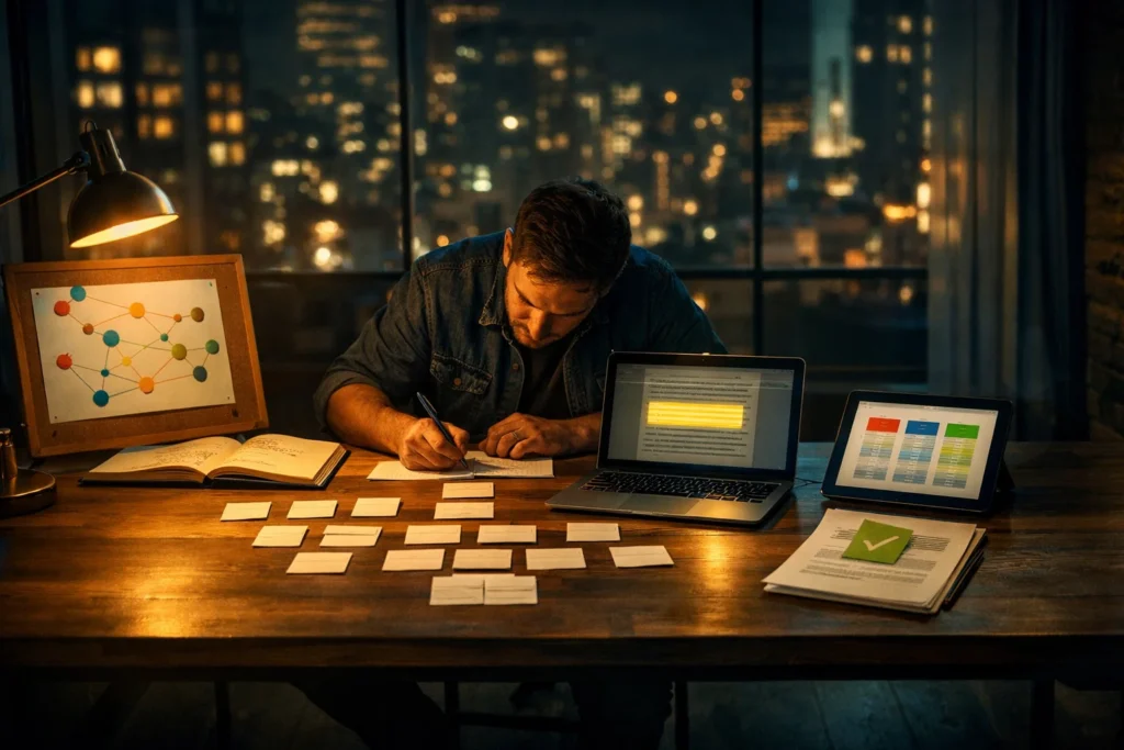 Content strategist mapping entity relationships and heading structures at desk with laptop and index cards