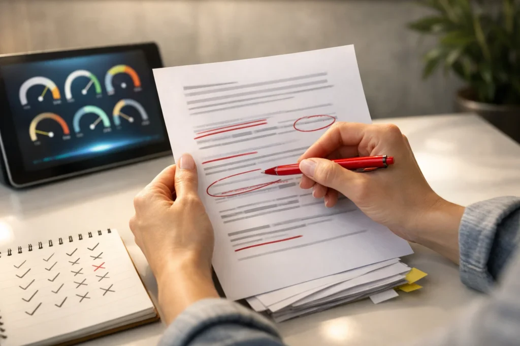Hands reviewing content with red pen markings and diagnostic score meters on tablet.